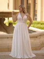 Gorgeous A-line V-Neck Appliques Lace Floor-Length Chiffon Corset Plus Size Wedding Dress