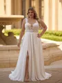 Luxurious A-line Straps Appliques Lace Sweep Train Chiffon Plus Size Wedding Dress