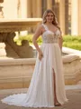 Luxurious A-line Straps Appliques Lace Sweep Train Chiffon Plus Size Wedding Dress