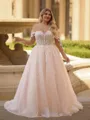 Show-stopping A-line Scoop Long Sleeves Appliques Lace Court Train Tulle Corset Plus Size Wedding Dress