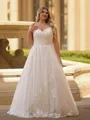 Mesmerizing A-line Off-the-Shoulder Appliques Lace Sweep Train Tulle Corset Plus Size Wedding Dress