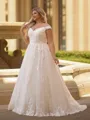 Mesmerizing A-line Off-the-Shoulder Appliques Lace Sweep Train Tulle Corset Plus Size Wedding Dress