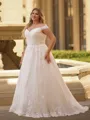 Mesmerizing A-line Off-the-Shoulder Appliques Lace Sweep Train Tulle Corset Plus Size Wedding Dress