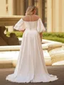 Captivating A-line Scoop 1/2 Sleeves Pleated Sweep Train Satin Corset Plus Size Wedding Dress