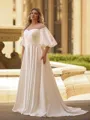 Captivating A-line Scoop 1/2 Sleeves Pleated Sweep Train Satin Corset Plus Size Wedding Dress
