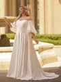 Captivating A-line Scoop 1/2 Sleeves Pleated Sweep Train Satin Corset Plus Size Wedding Dress