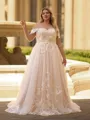 Striking A-line Off-the-Shoulder Appliques Lace Sweep Train Tulle Corset Plus Size Wedding Dress