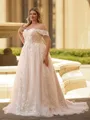 Striking A-line Off-the-Shoulder Appliques Lace Sweep Train Tulle Corset Plus Size Wedding Dress