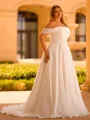 Magnificent A-line Off-the-Shoulder Pleated Sweep Train Organza Corset Plus Size Wedding Dress