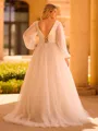 Splendiferous A-line V-Neck Long Sleeves Appliques Lace Sweep Train Tulle Corset Plus Size Wedding Dress