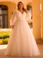Splendiferous A-line V-Neck Long Sleeves Appliques Lace Sweep Train Tulle Corset Plus Size Wedding Dress