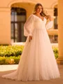 Splendiferous A-line V-Neck Long Sleeves Appliques Lace Sweep Train Tulle Corset Plus Size Wedding Dress