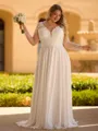 Unforgettable A-line V-Neck Long Sleeves Appliques Lace Court Train Chiffon Corset Plus Size Wedding Dress