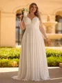 Unforgettable A-line V-Neck Long Sleeves Appliques Lace Court Train Chiffon Corset Plus Size Wedding Dress