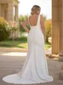 Fashion-forward Sheath V-Neck Pleated Chapel Train Stretch Crepe Plus Size Wedding Dress