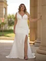 Fashion-forward Sheath V-Neck Pleated Chapel Train Stretch Crepe Plus Size Wedding Dress