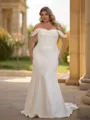 Unique Sheath Off-the-Shoulder Pleated Court Train Stretch Crepe Corset Plus Size Wedding Dress