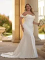 Unique Sheath Off-the-Shoulder Pleated Court Train Stretch Crepe Corset Plus Size Wedding Dress