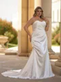 Stunning Sheath Off-the-Shoulder Pleated Court Train Silk Like Satin Corset Plus Size Wedding Dress