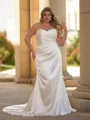 Stunning Sheath Off-the-Shoulder Pleated Court Train Silk Like Satin Corset Plus Size Wedding Dress