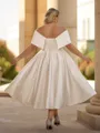 Glamorous A-line Off-the-Shoulder Pleated Tea-Length Satin Corset Plus Size Wedding Dress