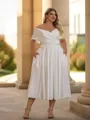 Glamorous A-line Off-the-Shoulder Pleated Tea-Length Satin Corset Plus Size Wedding Dress