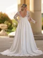 Hermosos A-line Scoop Long Sleeves Appliques Lace Court Train Satin Plus Size Wedding Dress