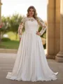 Hermosos A-line Scoop Long Sleeves Appliques Lace Court Train Satin Plus Size Wedding Dress