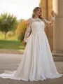 Hermosos A-line Scoop Long Sleeves Appliques Lace Court Train Satin Plus Size Wedding Dress