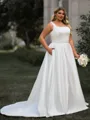 Stunning A-line Square Chapel Train Satin Plus Size Wedding Dress
