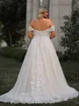 Splendid A-line Off-the-Shoulder Appliques Lace Court Train Tulle Corset Plus Size Wedding Dress