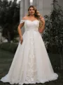 Splendid A-line Off-the-Shoulder Appliques Lace Court Train Tulle Corset Plus Size Wedding Dress