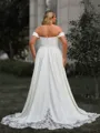 Graceful A-line Off-the-Shoulder Appliques Lace Chapel Train Stretch Crepe Plus Size Wedding Dress