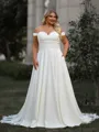 Graceful A-line Off-the-Shoulder Appliques Lace Chapel Train Stretch Crepe Plus Size Wedding Dress