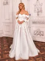 Charming A-line Off-the-Shoulder Long Sleeves Appliques Lace Court Train Tulle Corset Wedding Dress