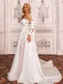 Charming A-line Off-the-Shoulder Long Sleeves Appliques Lace Court Train Tulle Corset Wedding Dress