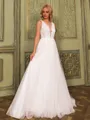 Glamorous A-line Scoop Appliques Lace Sweep Train Tulle Wedding Dress