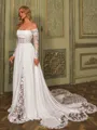 Elegant A-line Off-the-Shoulder Long Sleeves Appliques Lace Chapel Train Chiffon Corset Wedding Dress
