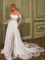 Elegant A-line Off-the-Shoulder Long Sleeves Appliques Lace Chapel Train Chiffon Corset Wedding Dress