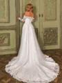 Exquisite A-line Off-the-Shoulder Long Sleeves Appliques Lace Chapel Train Tulle Corset Wedding Dress