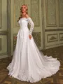 Exquisite A-line Off-the-Shoulder Long Sleeves Appliques Lace Chapel Train Tulle Corset Wedding Dress