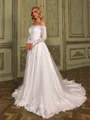 Exquisite A-line Off-the-Shoulder Long Sleeves Appliques Lace Chapel Train Tulle Corset Wedding Dress