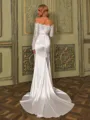 Stunning Sheath Off-the-Shoulder Long Sleeves Appliques Lace Court Train Silk Like Satin Corset Wedding Dress