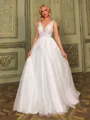 Splendid A-line V-Neck Appliques Lace Court Train Tulle Wedding Dress