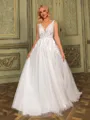 Splendid A-line V-Neck Appliques Lace Court Train Tulle Wedding Dress