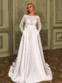 Enchanting A-line Scoop Long Sleeves Bow Court Train Satin Wedding Dress