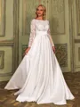 Enchanting A-line Scoop Long Sleeves Bow Court Train Satin Wedding Dress