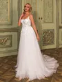 Breathtaking A-line Spaghetti Straps Appliques Lace Chapel Train Tulle Corset Wedding Dress