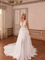 Show-stopping A-line V-Neck Appliques Lace Chapel Train Tulle Wedding Dress