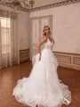 Striking A-line V-Neck Appliques Lace Sweep Train Tulle Wedding Dress